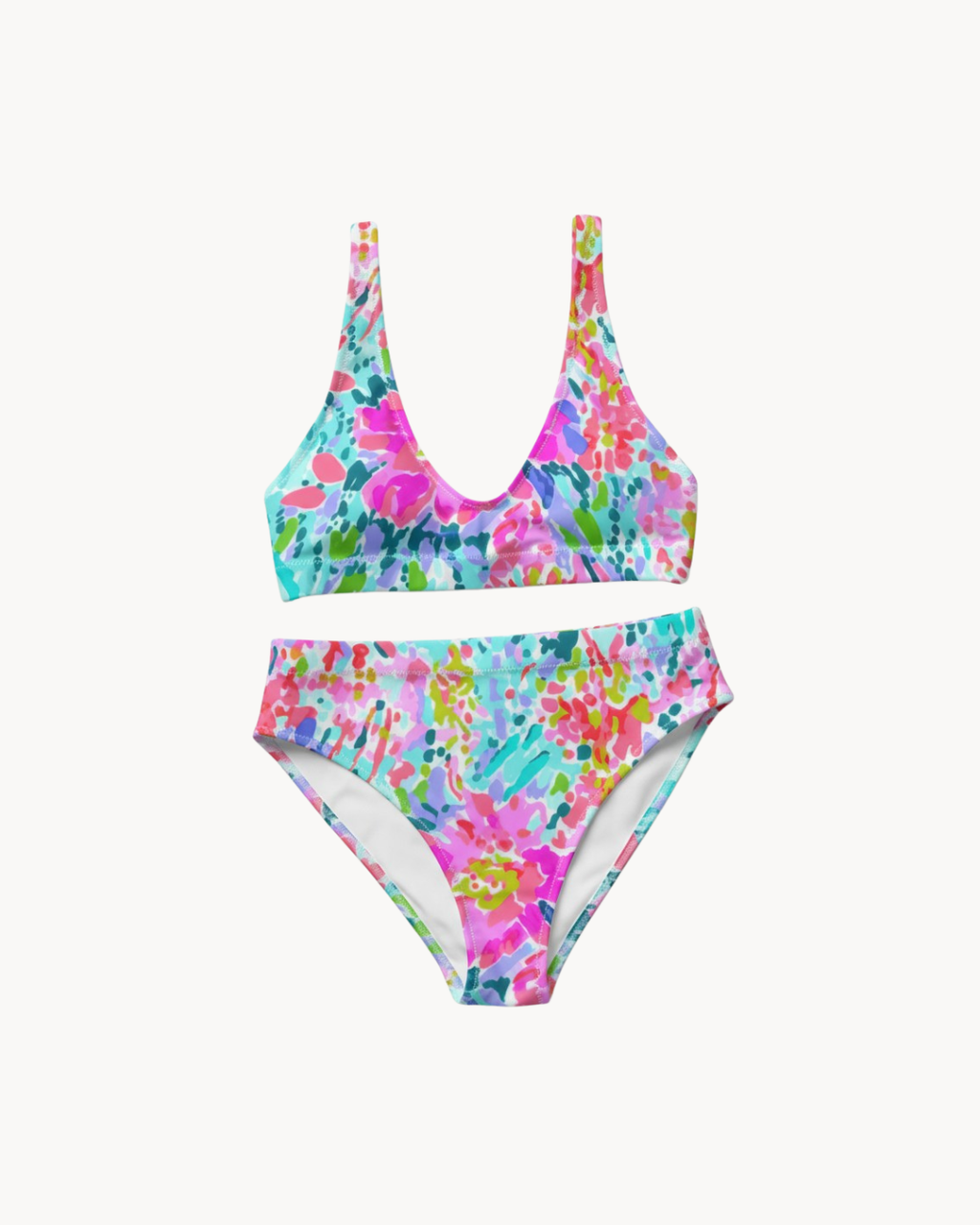 Abstract preppy print high-waisted bikini set with removable padding on a light background