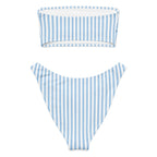 Baby blue and white striped recycled bandeau bikini top and high-leg bottoms on a white background
