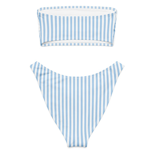 Baby blue and white striped recycled bandeau bikini top and high-leg bottoms on a white background