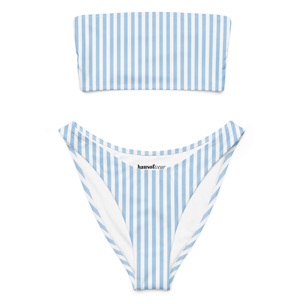 Baby blue and white striped recycled bandeau bikini top and high-leg bottoms on a white background