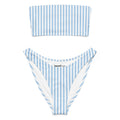 Baby blue and white striped recycled bandeau bikini top and high-leg bottoms on a white background
