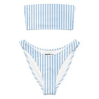 Baby blue and white striped recycled bandeau bikini top and high-leg bottoms on a white background