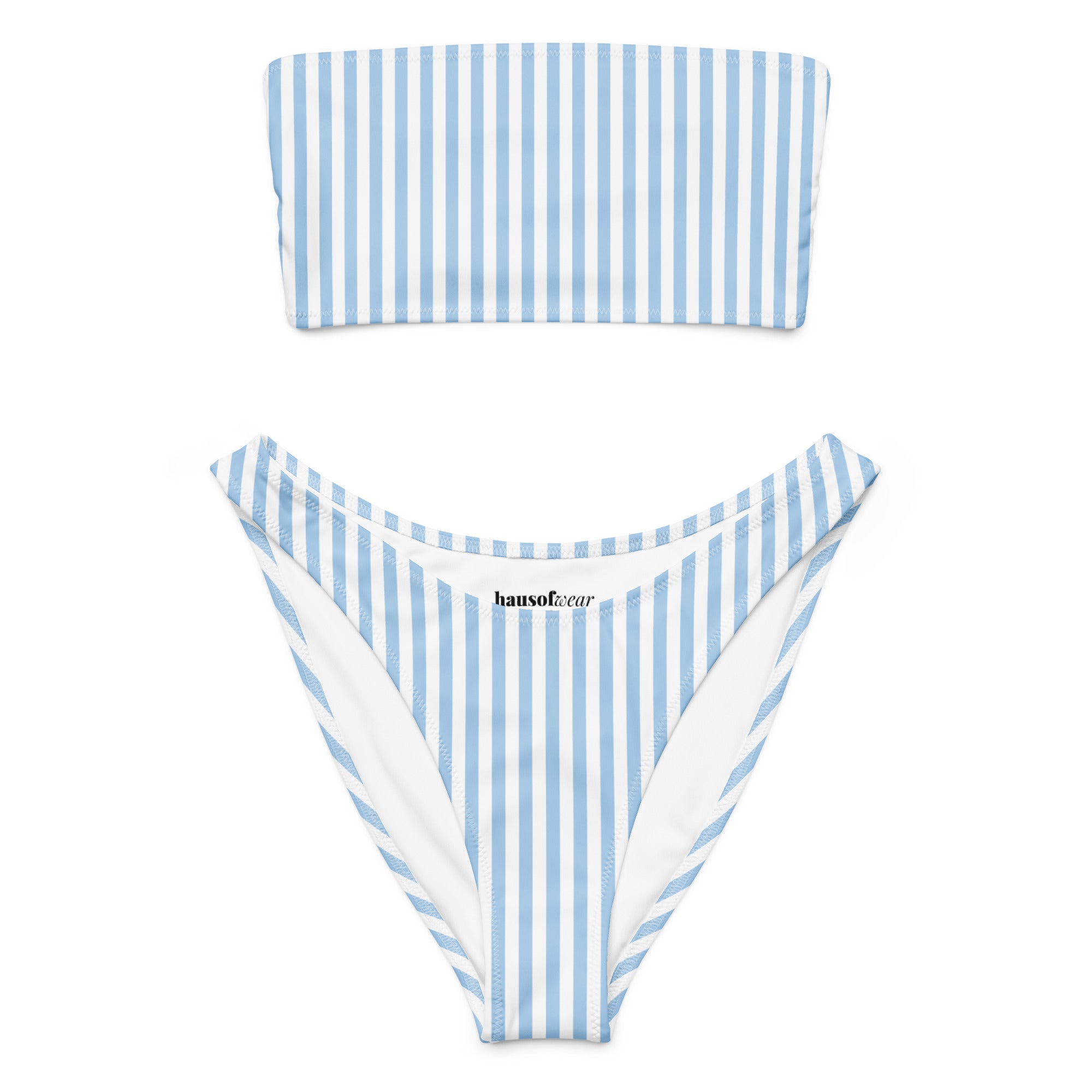 Baby blue and white striped recycled bandeau bikini top and high-leg bottoms on a white background
