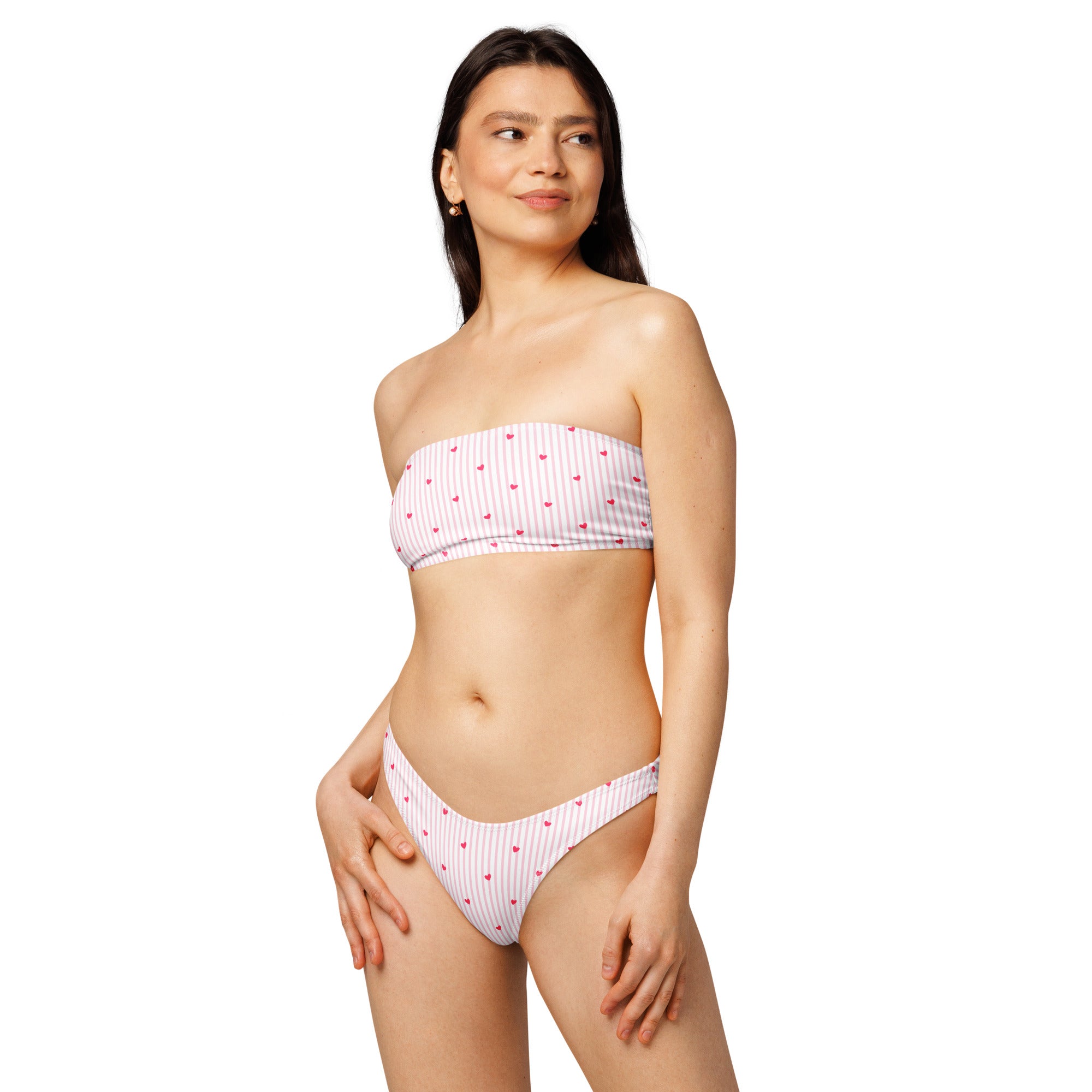 Striped heart print recycled bandeau bikini top and high-leg bottoms on a neutral background
