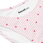 Striped heart print recycled bandeau bikini top and high-leg bottoms on a neutral background