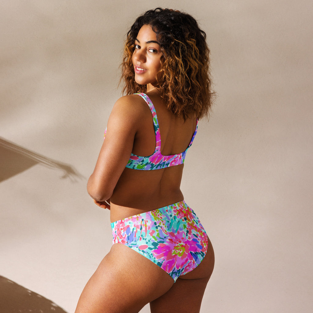 Abstract preppy print high-waisted bikini set with removable padding on a light background