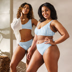 Blue and white striped recycled high-waisted bikini set with removable padding on a light background