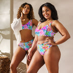 Abstract preppy print high-waisted bikini set with removable padding on a light background