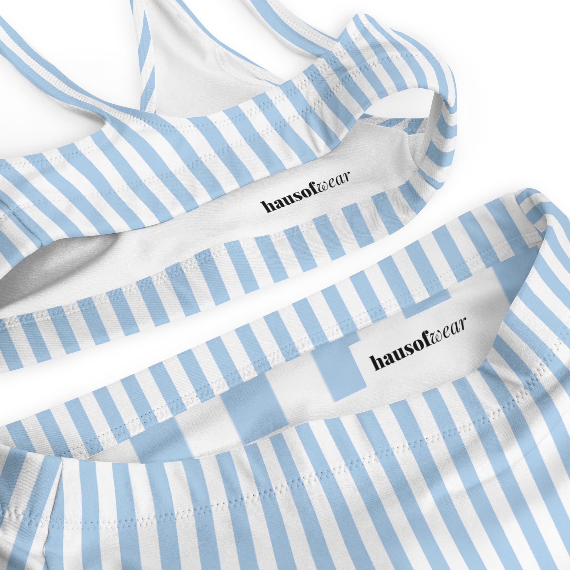 Blue and white striped recycled high-waisted bikini set with removable padding on a light background
