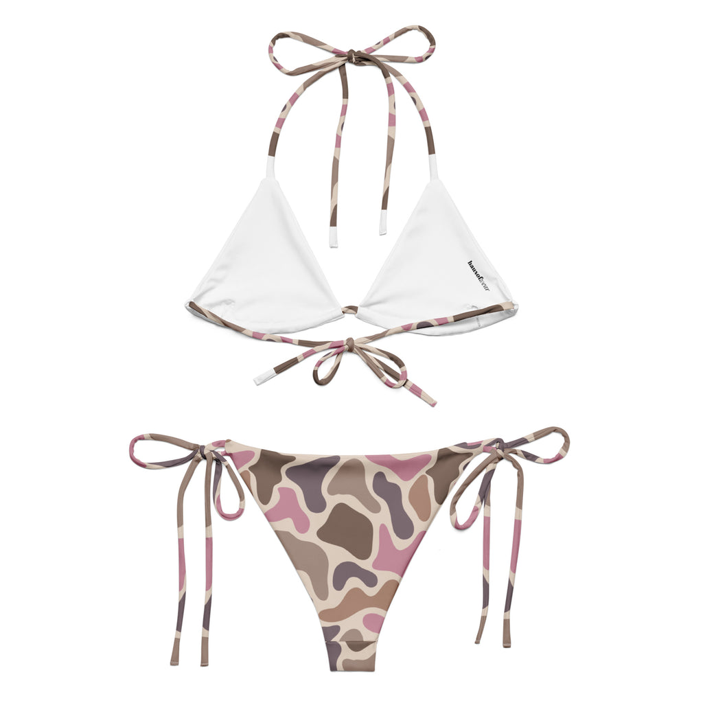 Pink old school camo all-over print recycled string bikini with tie straps on a clean white background