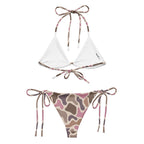 Pink old school camo all-over print recycled string bikini with tie straps on a clean white background