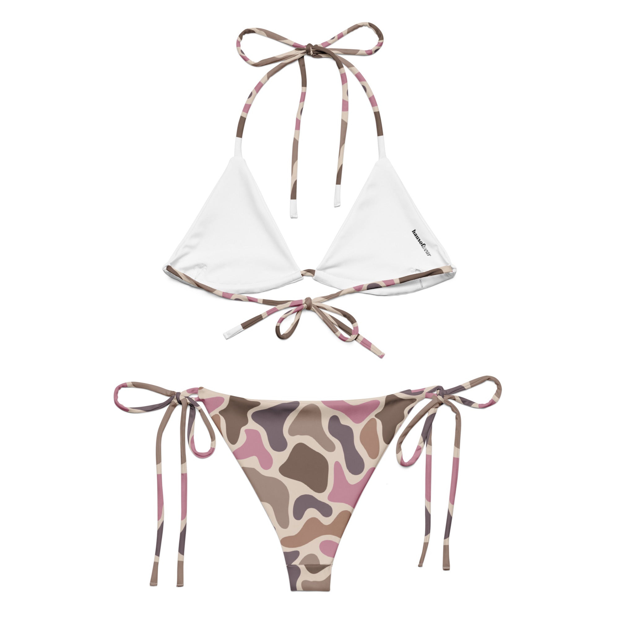 Pink old school camo all-over print recycled string bikini with tie straps on a clean white background