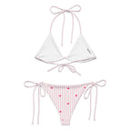 Striped heart all-over print recycled string bikini with adjustable tie straps on a clean background