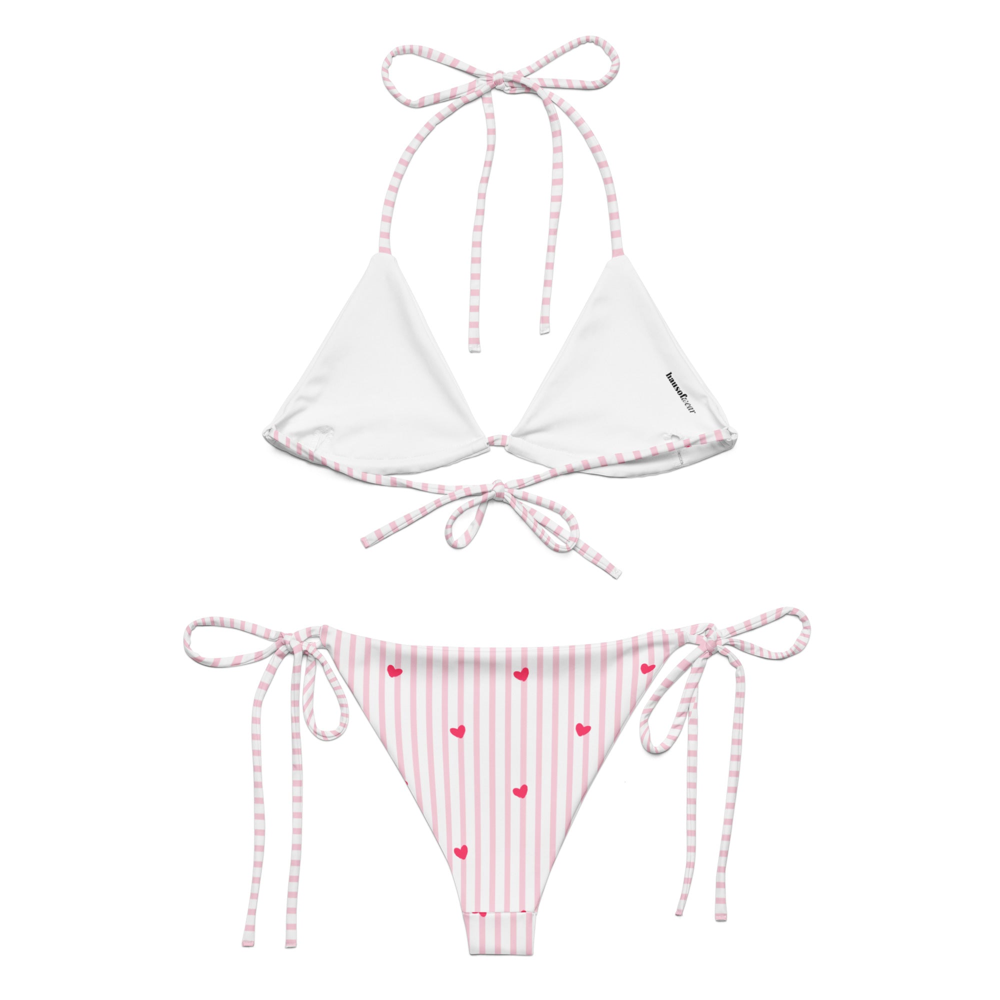 Striped heart all-over print recycled string bikini with adjustable tie straps on a clean background