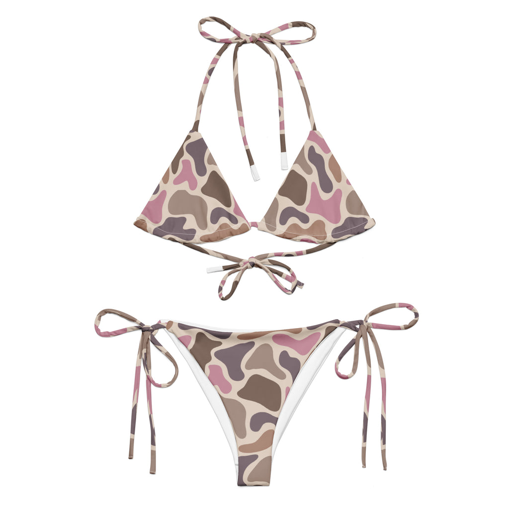Pink old school camo all-over print recycled string bikini with tie straps on a clean white background