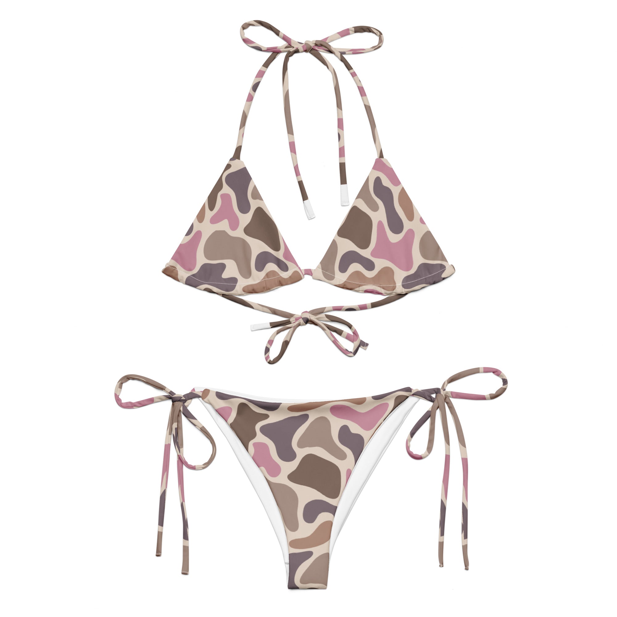 Pink old school camo all-over print recycled string bikini with tie straps on a clean white background