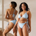 All-over print recycled string bikini with adjustable tie straps in a product flat lay