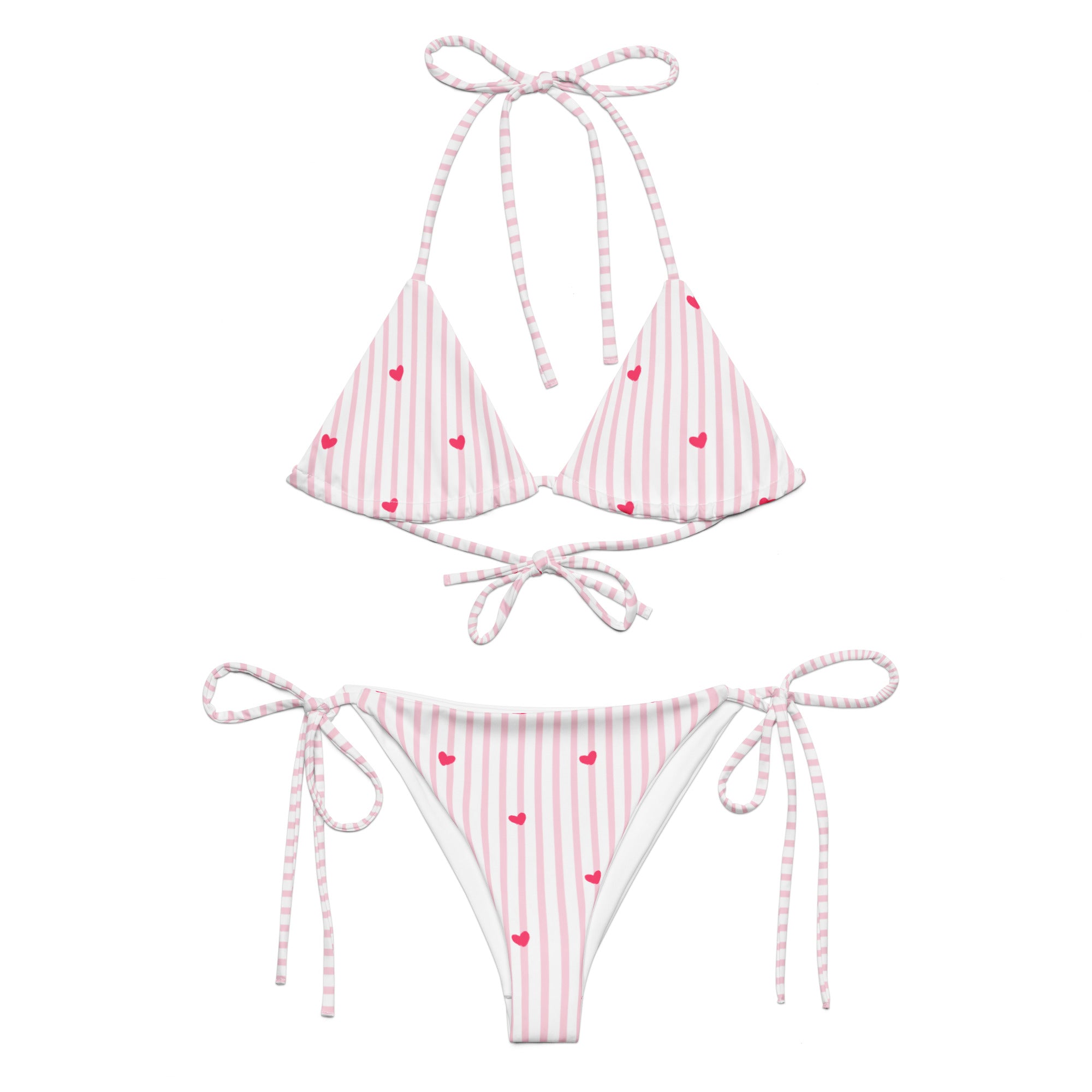 Striped heart all-over print recycled string bikini with adjustable tie straps on a clean background