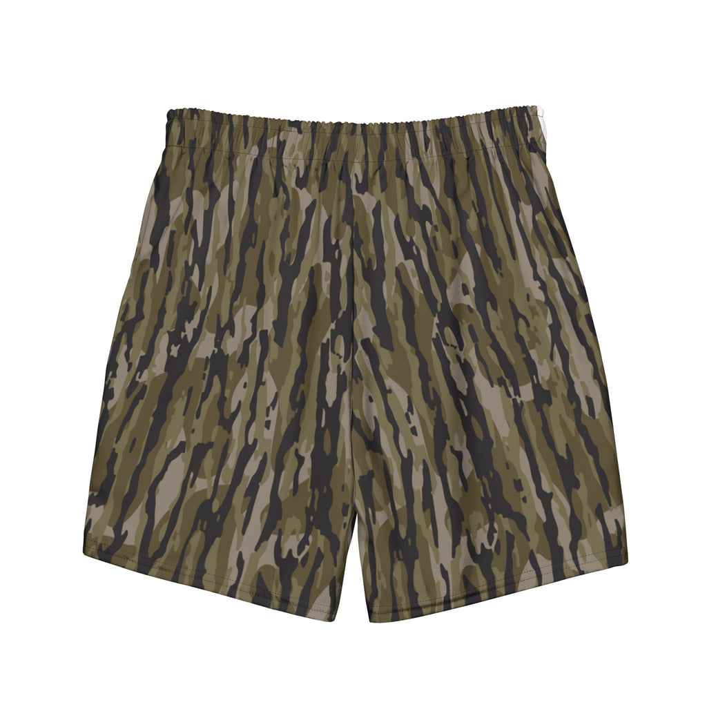 Tree camo all-over print recycled men's swim trunks displayed on a white background