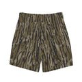 Tree camo all-over print recycled men's swim trunks displayed on a white background
