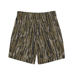 Tree camo all-over print recycled men's swim trunks displayed on a white background