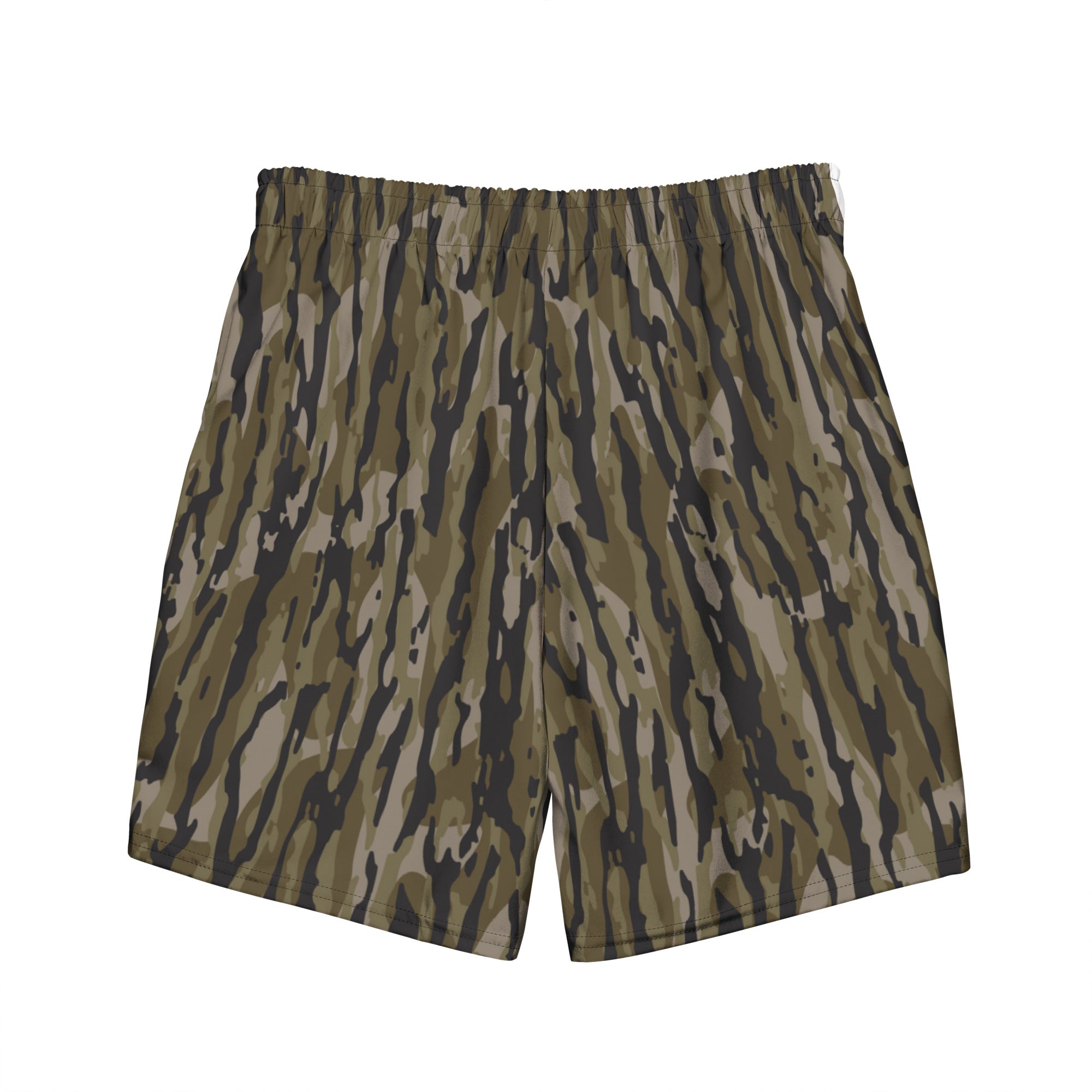 Tree camo all-over print recycled men's swim trunks displayed on a white background