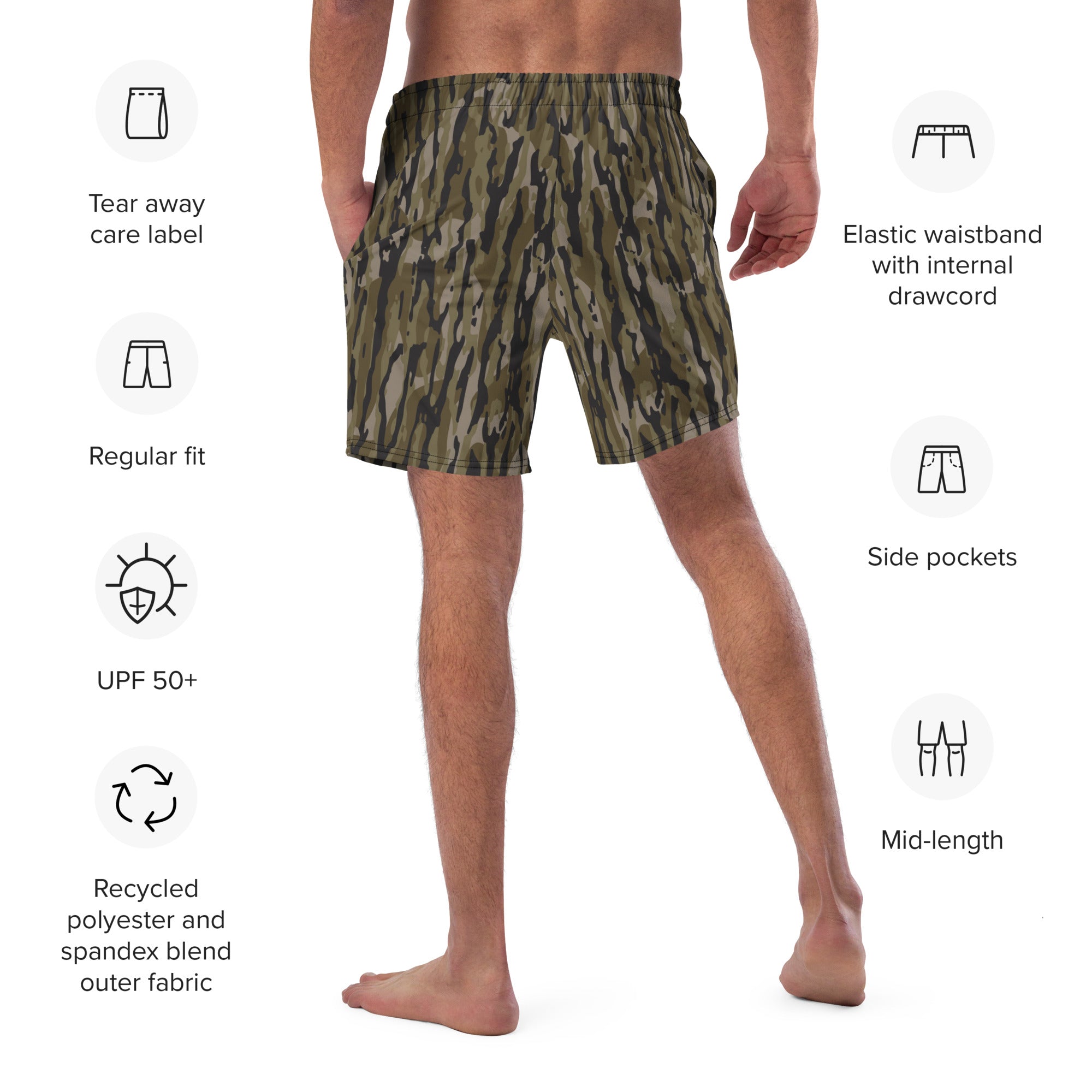 Tree camo all-over print recycled men's swim trunks displayed on a white background