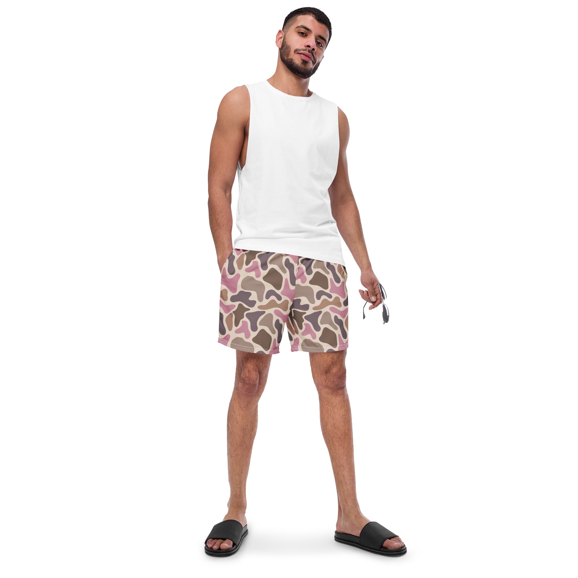Pink old school camouflage pattern recycled men's swim trunks on a white product background