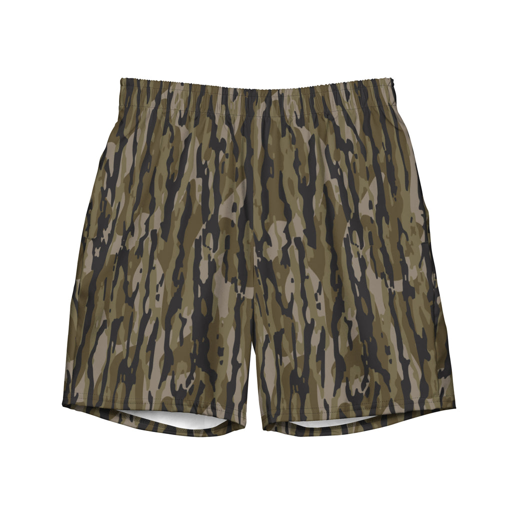 Tree camo all-over print recycled men's swim trunks displayed on a white background