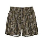 Tree camo all-over print recycled men's swim trunks displayed on a white background