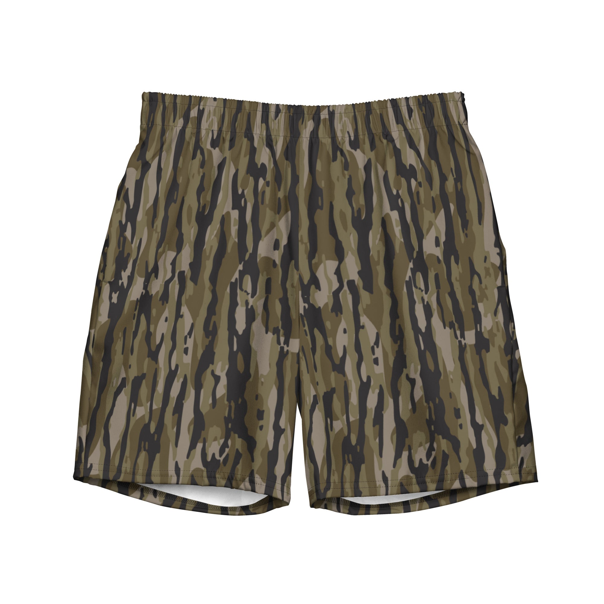 Tree camo all-over print recycled men's swim trunks displayed on a white background