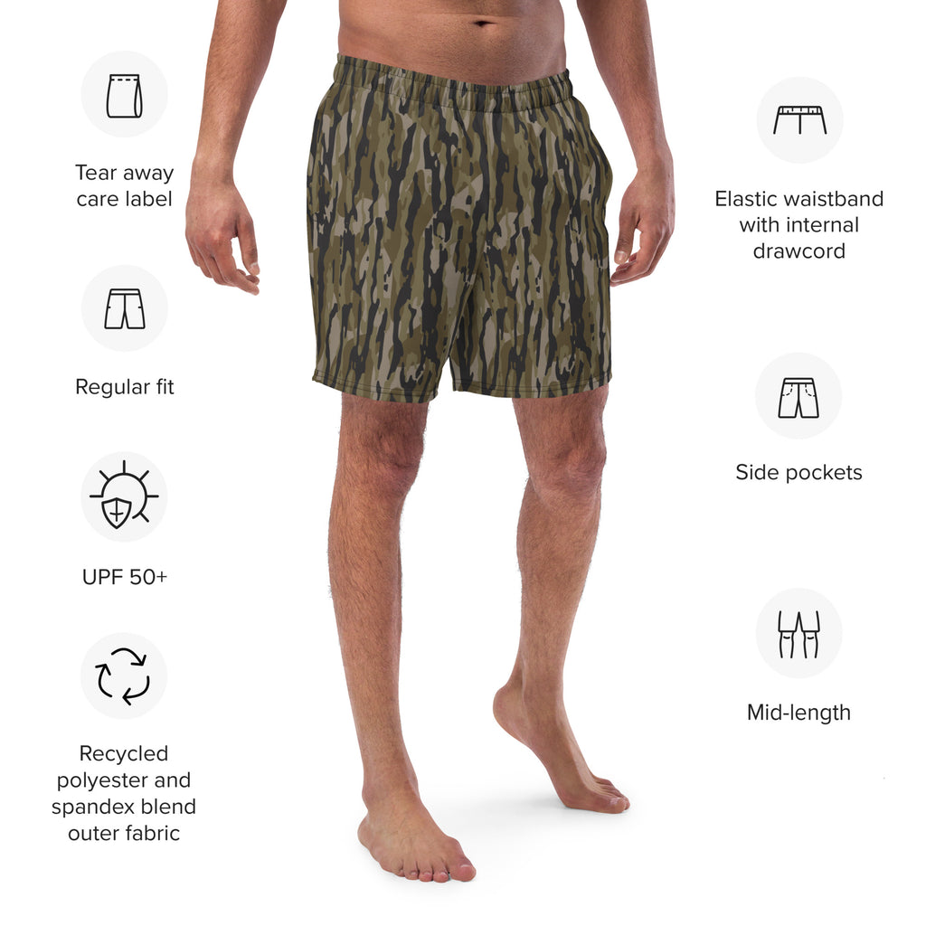 Tree camo all-over print recycled men's swim trunks displayed on a white background