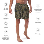 Tree camo all-over print recycled men's swim trunks displayed on a white background