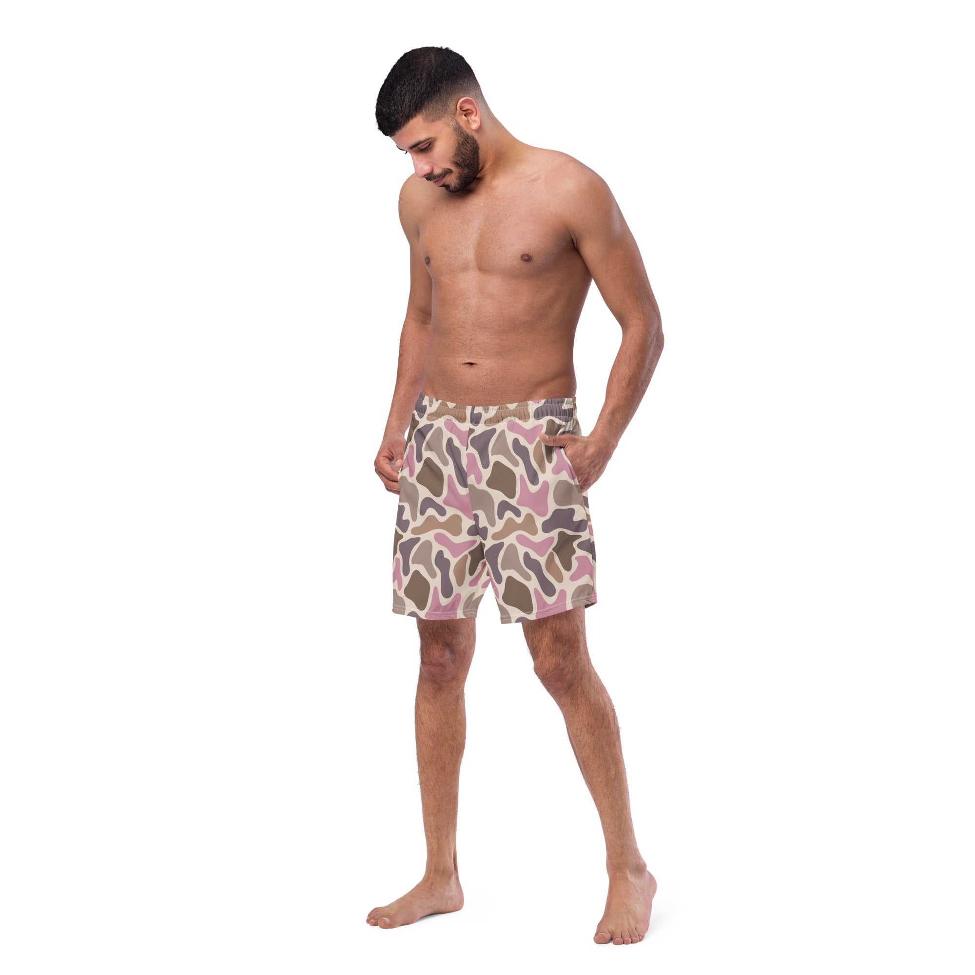 Pink old school camouflage pattern recycled men's swim trunks on a white product background