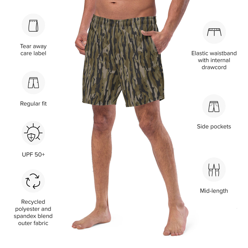 Tree camo all-over print recycled men's swim trunks displayed on a white background