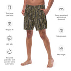 Tree camo all-over print recycled men's swim trunks displayed on a white background