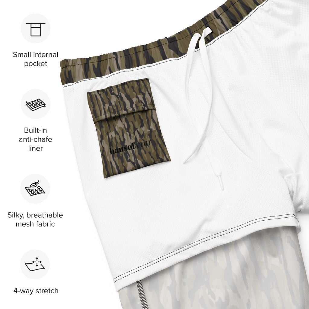 Tree camo all-over print recycled men's swim trunks displayed on a white background