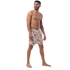 Pink old school camouflage pattern recycled men's swim trunks on a white product background