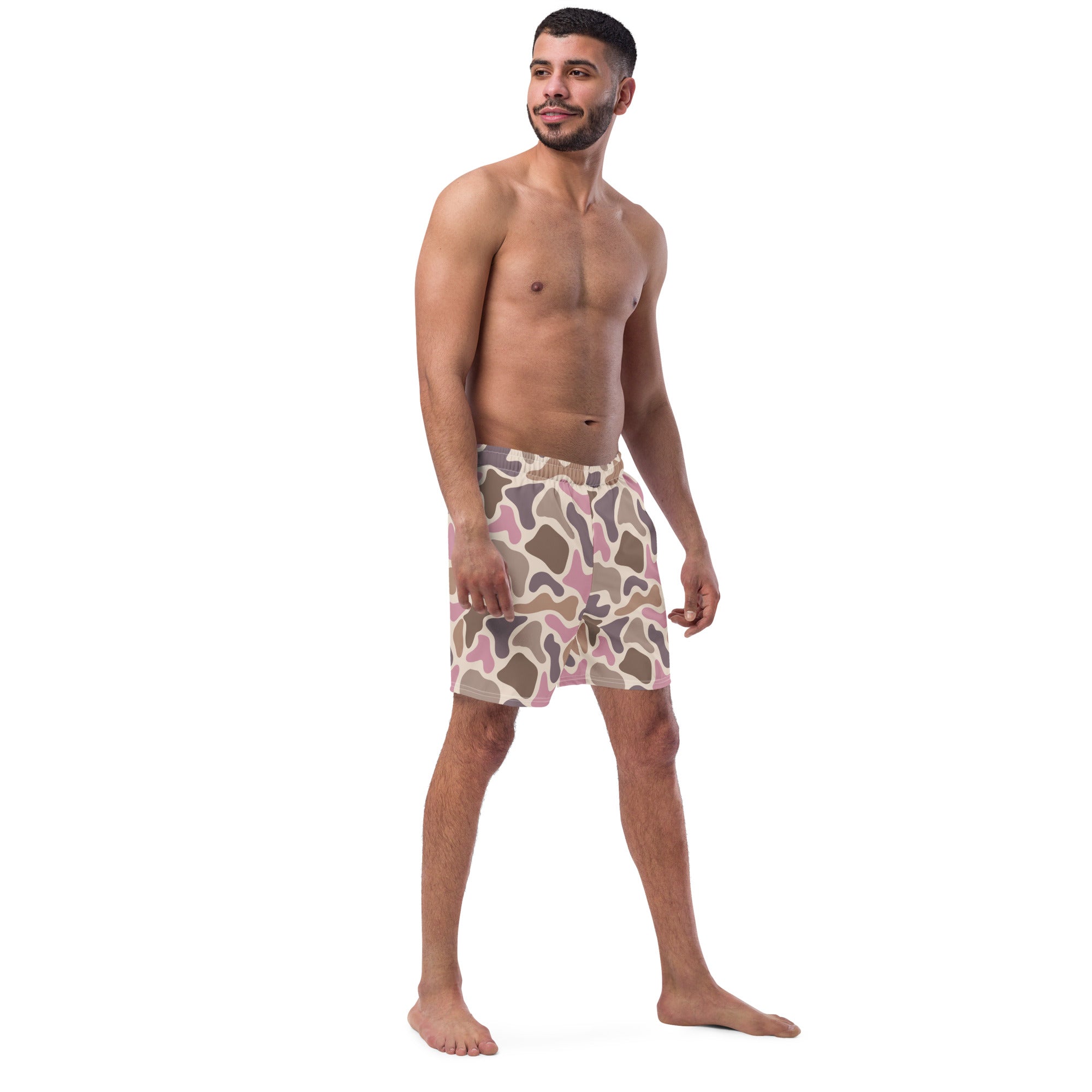 Pink old school camouflage pattern recycled men's swim trunks on a white product background