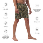 Tree camo all-over print recycled men's swim trunks displayed on a white background