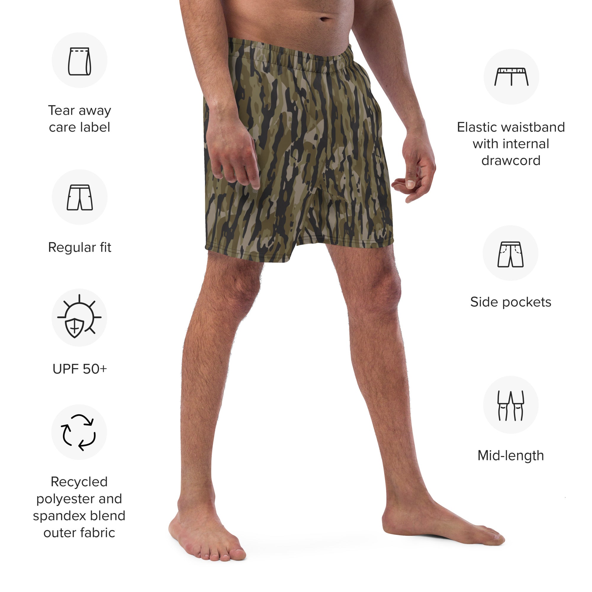 Tree camo all-over print recycled men's swim trunks displayed on a white background