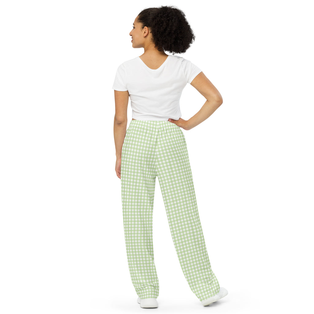 Green checker all-over print unisex wide-leg pants displayed in a product flat lay