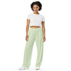 Green checker all-over print unisex wide-leg pants displayed in a product flat lay