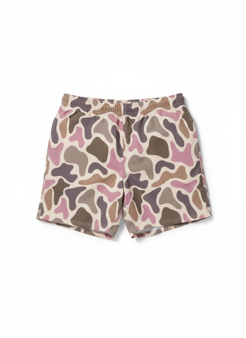 Camouflage-patterned swim trunks on a white background
