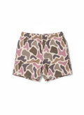 Camouflage-patterned swim trunks on a white background