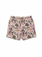 Camouflage-patterned swim trunks on a white background