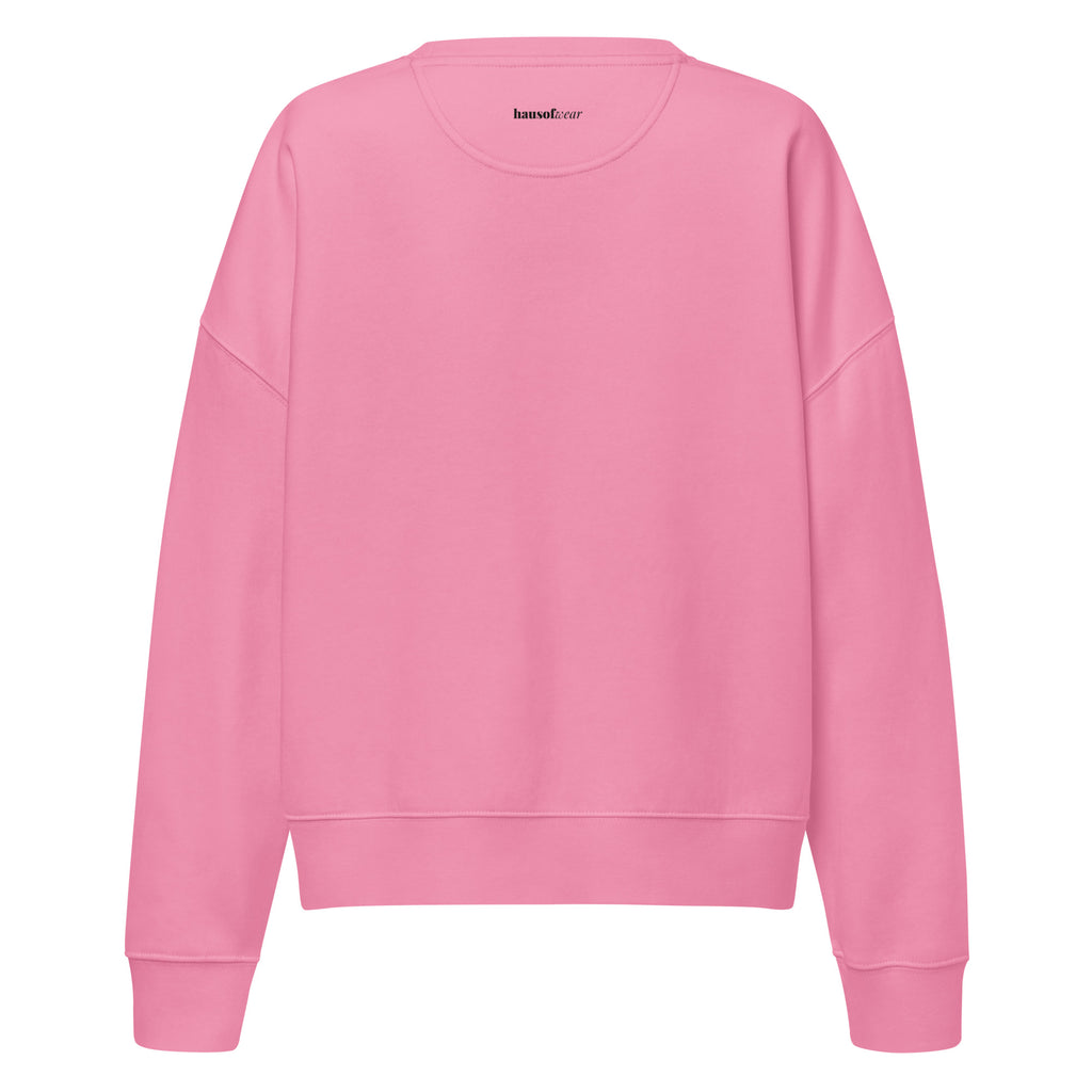 Pink Darlin' women's organic crew neck sweatshirt with southern script graphic on a flat lay