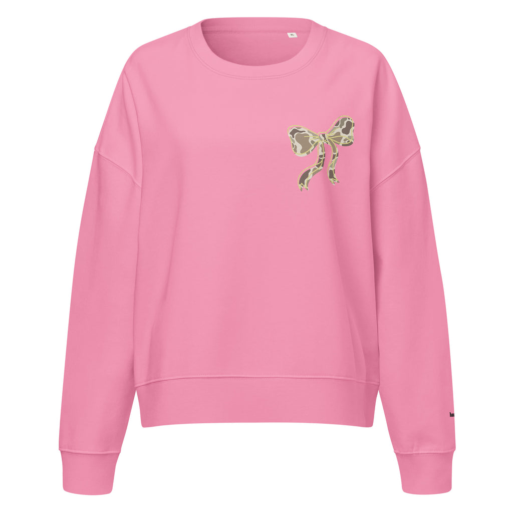 Camo hunting dog graphic women's organic crew neck sweatshirt displayed on a flat surface