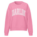 Pink Darlin' women's organic crew neck sweatshirt with southern script graphic on a flat lay