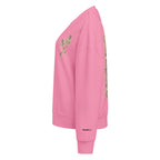 Camo hunting dog graphic women's organic crew neck sweatshirt displayed on a flat surface